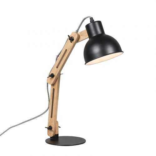 Průmyslová stolní lampa černá se dřevem - Woodi