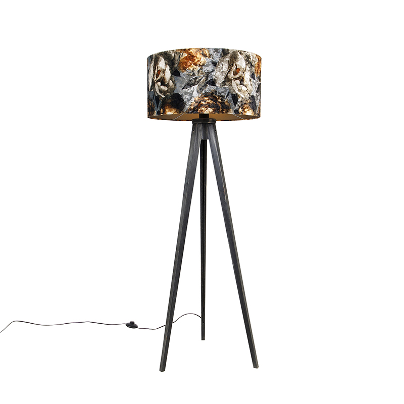 Vloerlamp tripod zwart met kap bloemen 50 cm - Tripod Classic