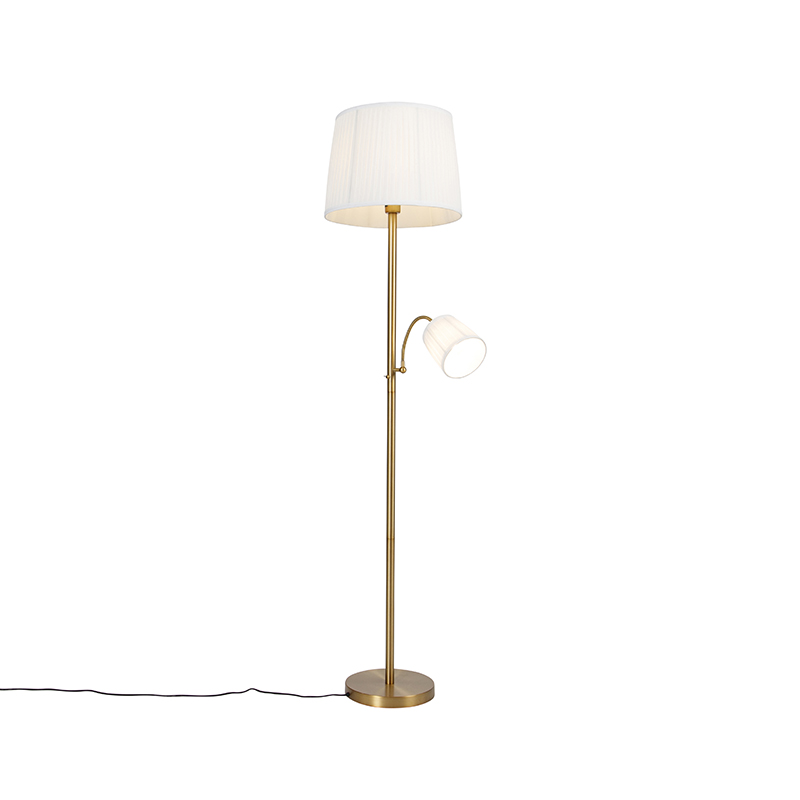 Klassieke vloerlamp brons met witte kap en leeslampje - Retro