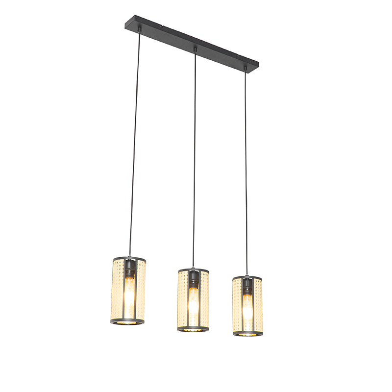 Oosterse hanglamp zwart met rotan 3-lichts langwerpig - Akira