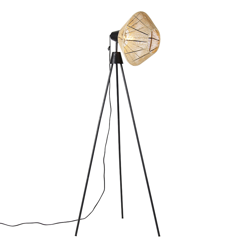 Landelijke vloerlamp tripod zwart met touw - Jenthe