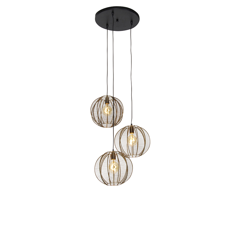 Industriële hanglamp brons met zwart rond 3-lichts - Dong