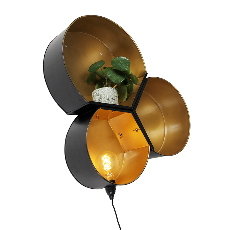 Industriële wandlamp zwart met goud rond - Comb