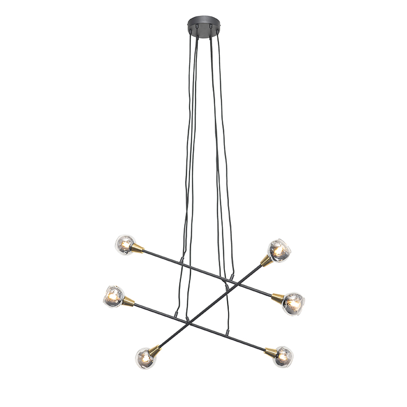 Hanglamp zwart met messing en smoke glas 6-lichts - Vidro