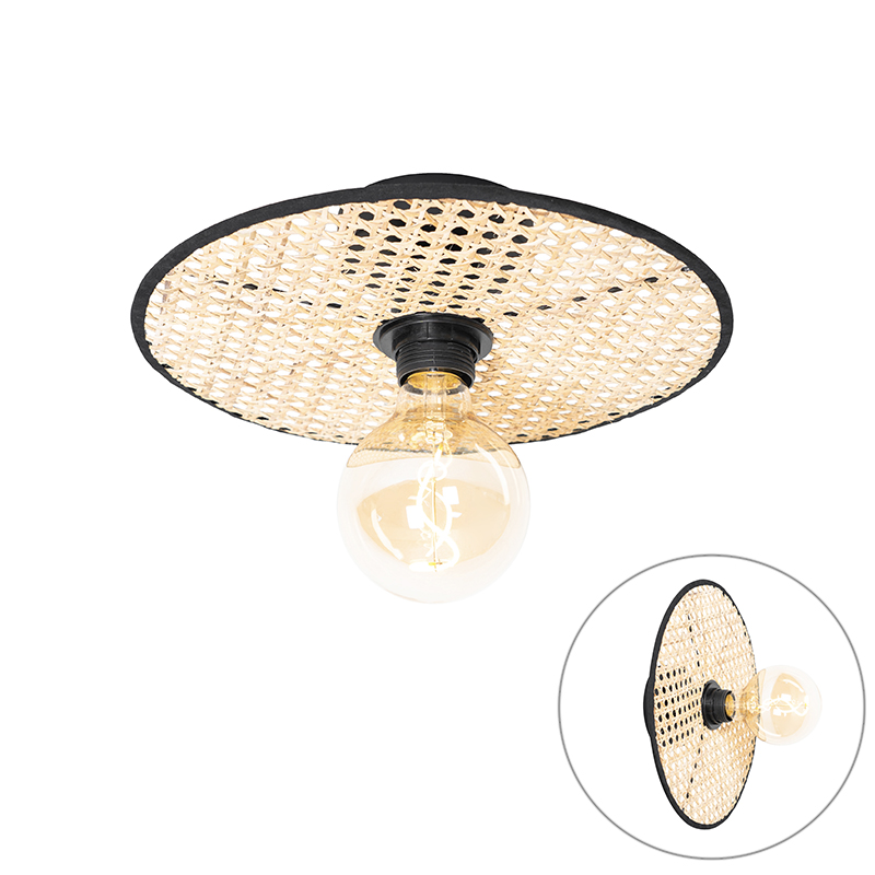 Landelijke plafond en wandlamp zwart met rotan 30 cm - Kata