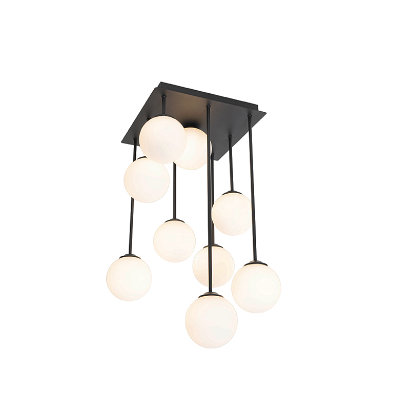 Moderne plafondlamp zwart met opaal glas 9-lichts - Athens