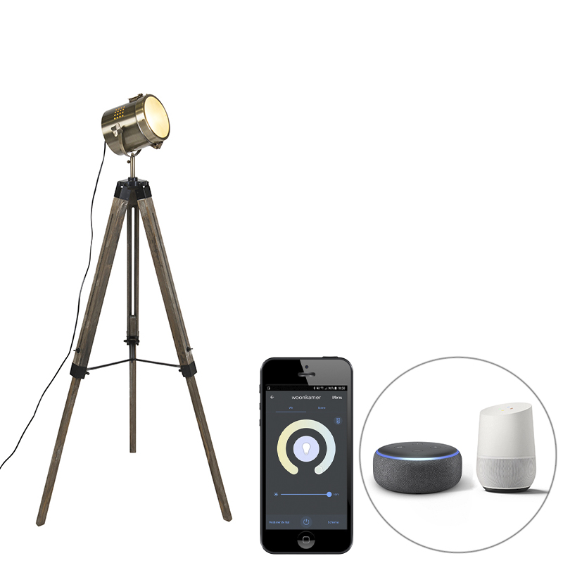 Smart vloerlamp tripod hout met studiospot incl. Wifi B35 - Braha