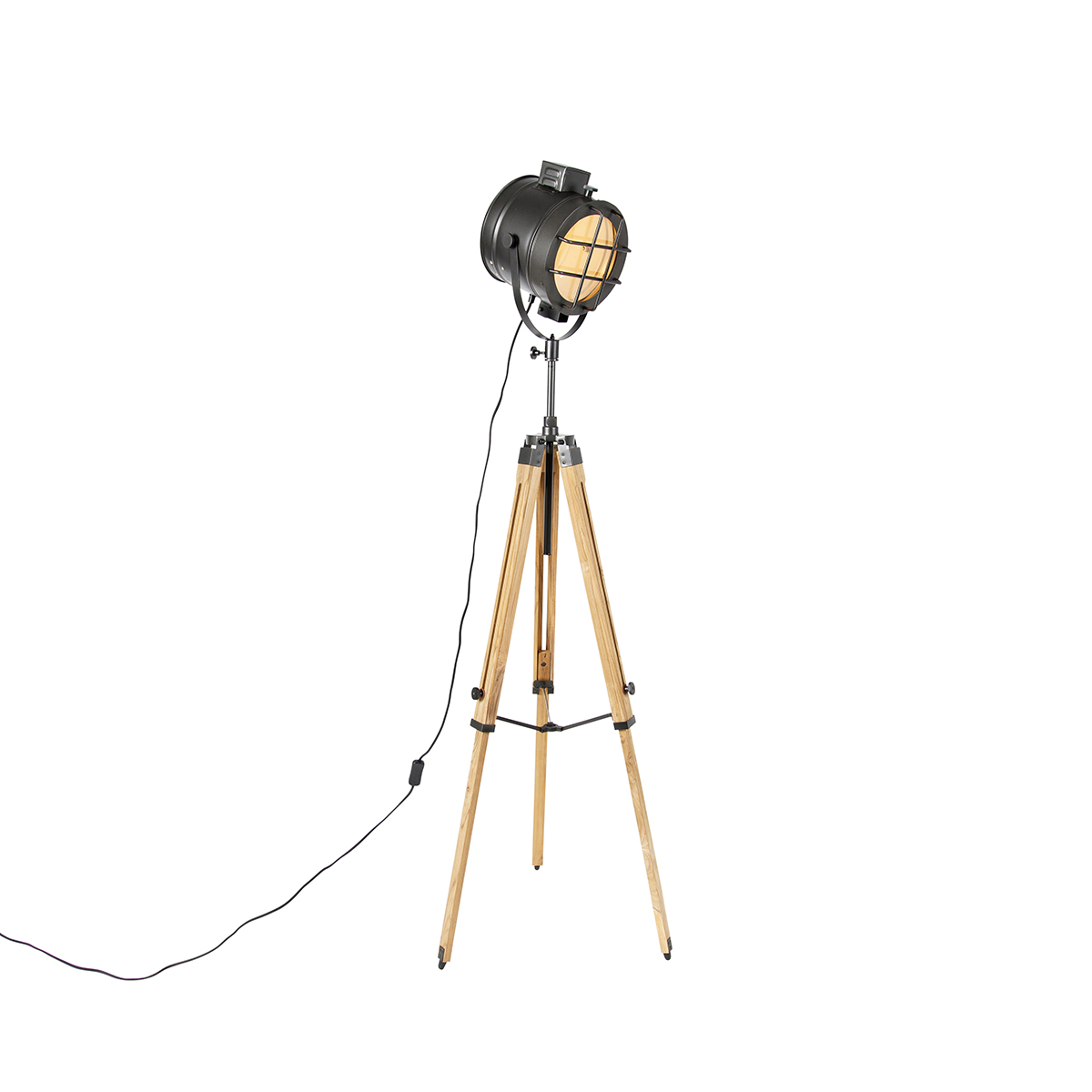 Tripod vloerlamp zwart met hout studiospot - Shiny