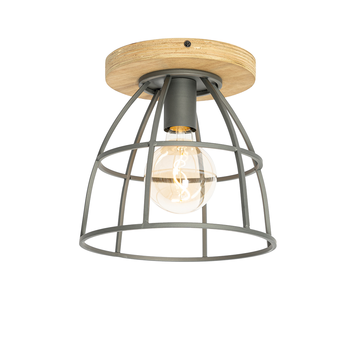 Industriële plafondlamp zwart met hout - Arthur