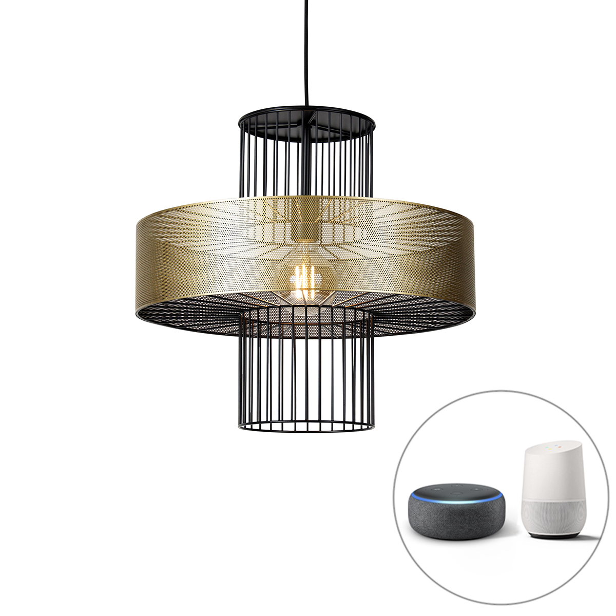 Smart hanglamp goud met zwart 50 cm incl. Wifi G95 - Tess