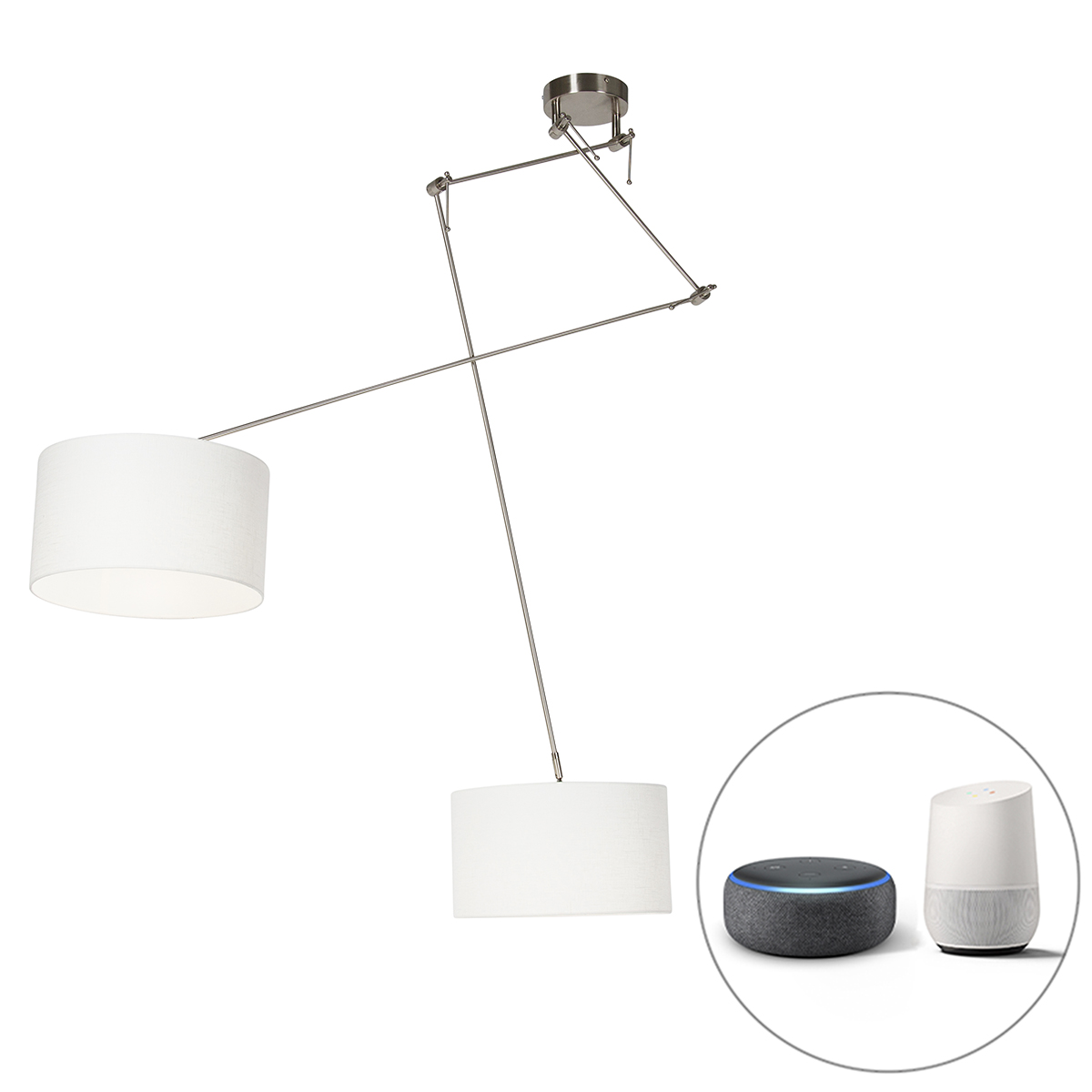 Smart hanglamp staal met kap 35 cm wit incl. 2 Wifi A60 - Blitz