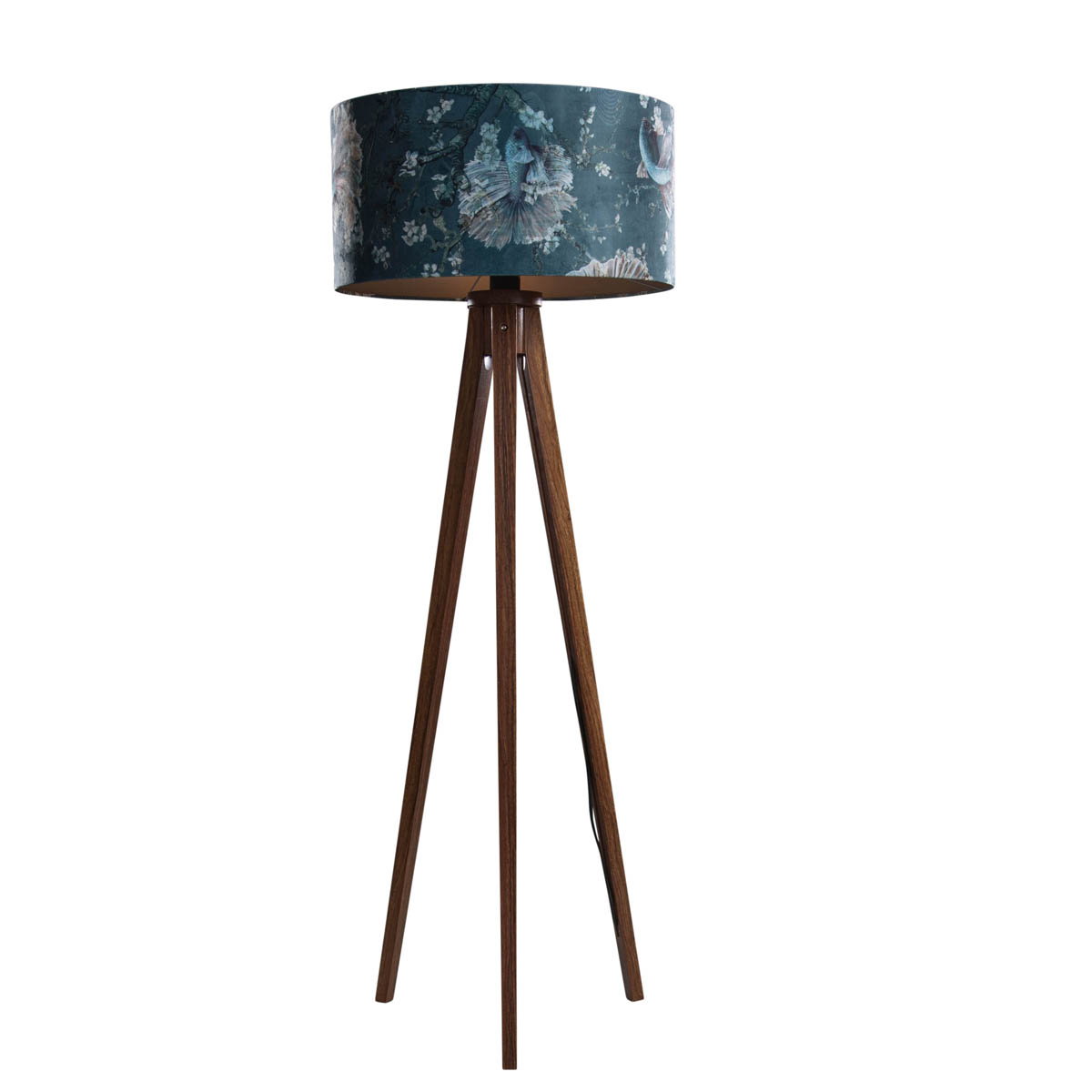 Vloerlamp walnoot hout met velours kap vis dessin 50cm - Tripod Classic